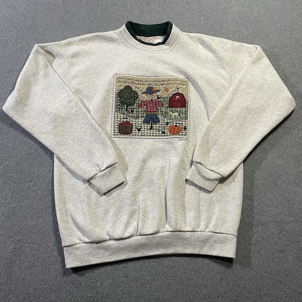 Vtg 90s Valorie Folk Art Applique Sweatshirt L Fall Scarecrow Barn Made In USA